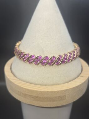 925 Sterling Silver Gold Vermeil Pink CZ Tennis Bracelet 7.75" China